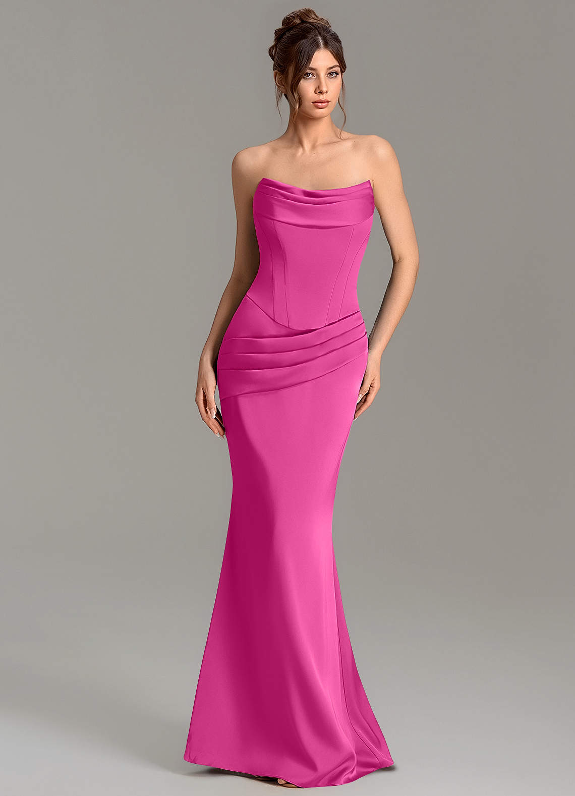 Adrienne Mermaid Cowl-Neck Stretch Satin Bridesmaid Dress in Fuchsia