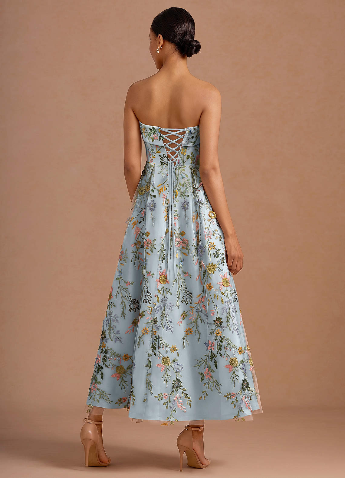 Evangeline Strapless Corset Floral Lace Evening Dress in Sky Blue
