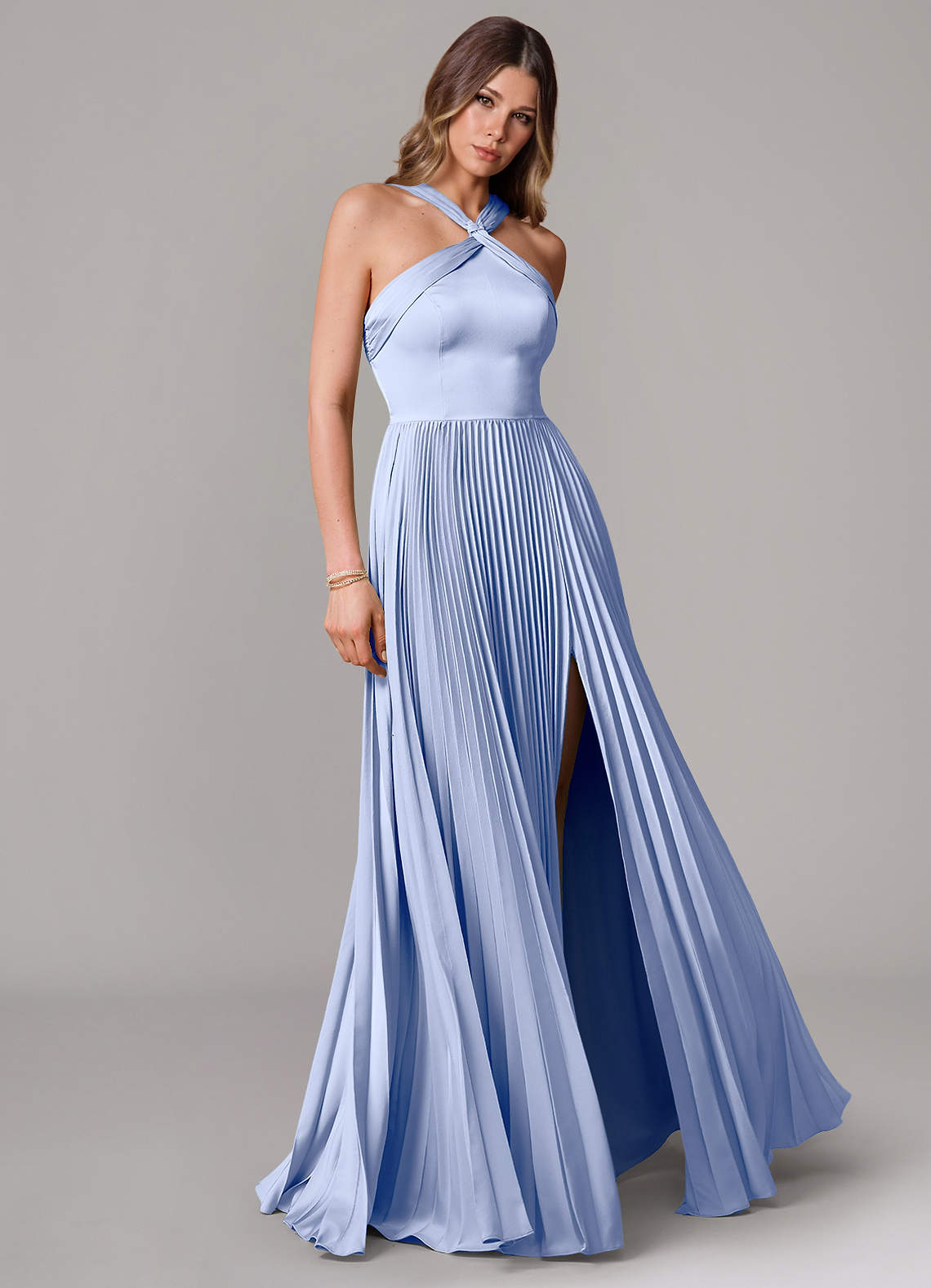 Afra A-Line Halter-Neck Stretch Satin Bridesmaid Dress in Ice