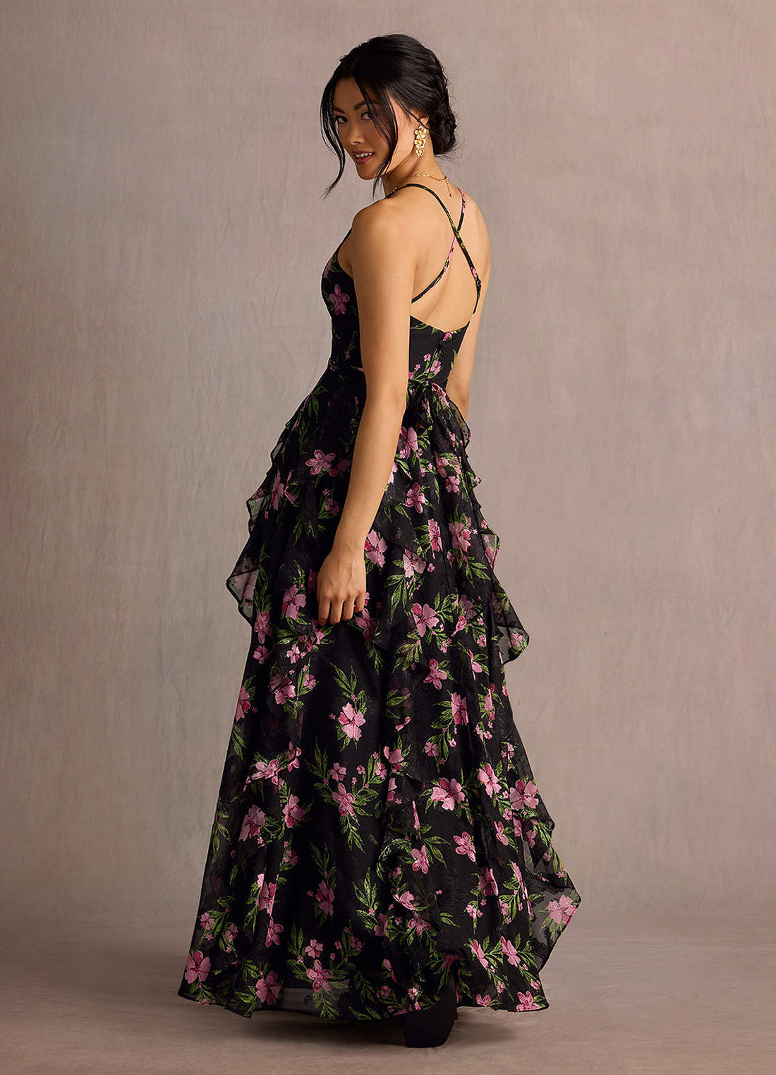 Megan A-Line V-Neck Printed Fil Coupé Wedding Guest Dress in Black Multi Floral