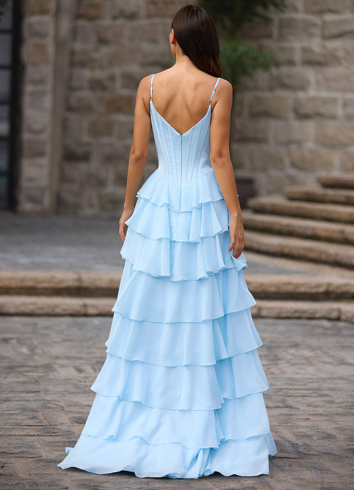Floralace A-Line Ruffle Chiffon Evening Dress in Sky Blue