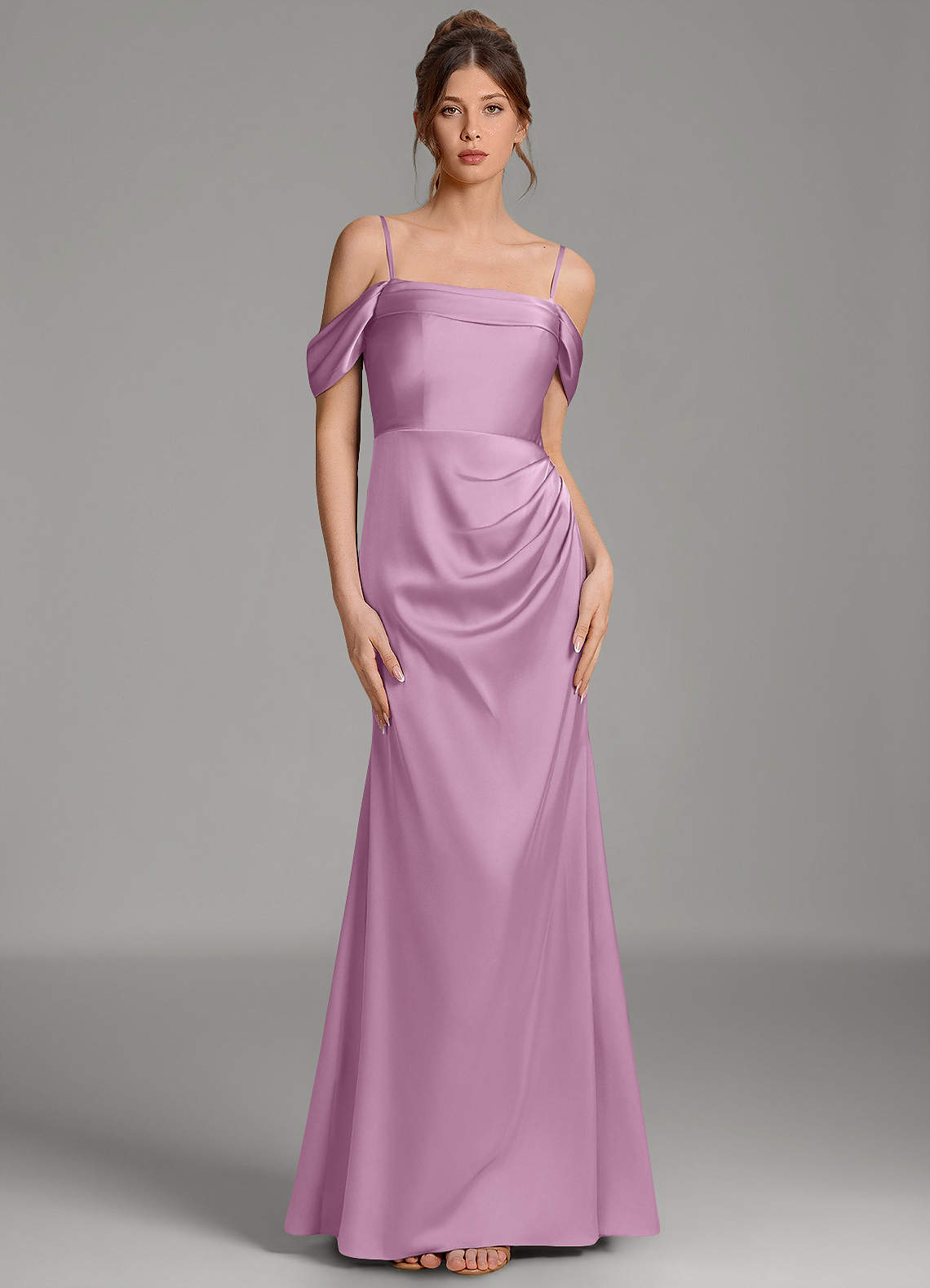 Wyatt Mermaid Off-the-Shoulder Stretch Satin Bridesmaid Dress in Wisteria