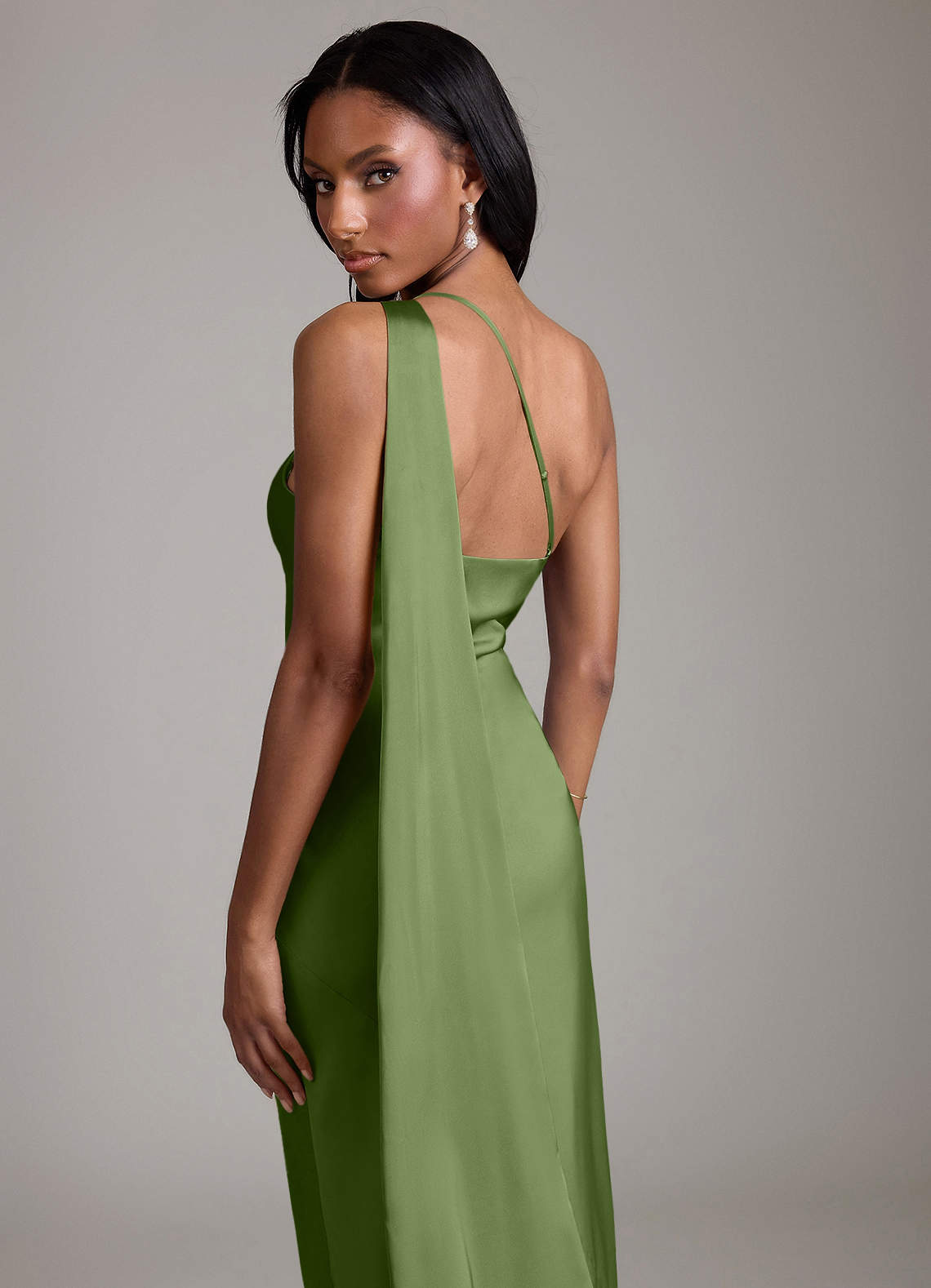 Juniper Mermaid One-Shoulder Stretch Satin Bridesmaid Dress in Juniper