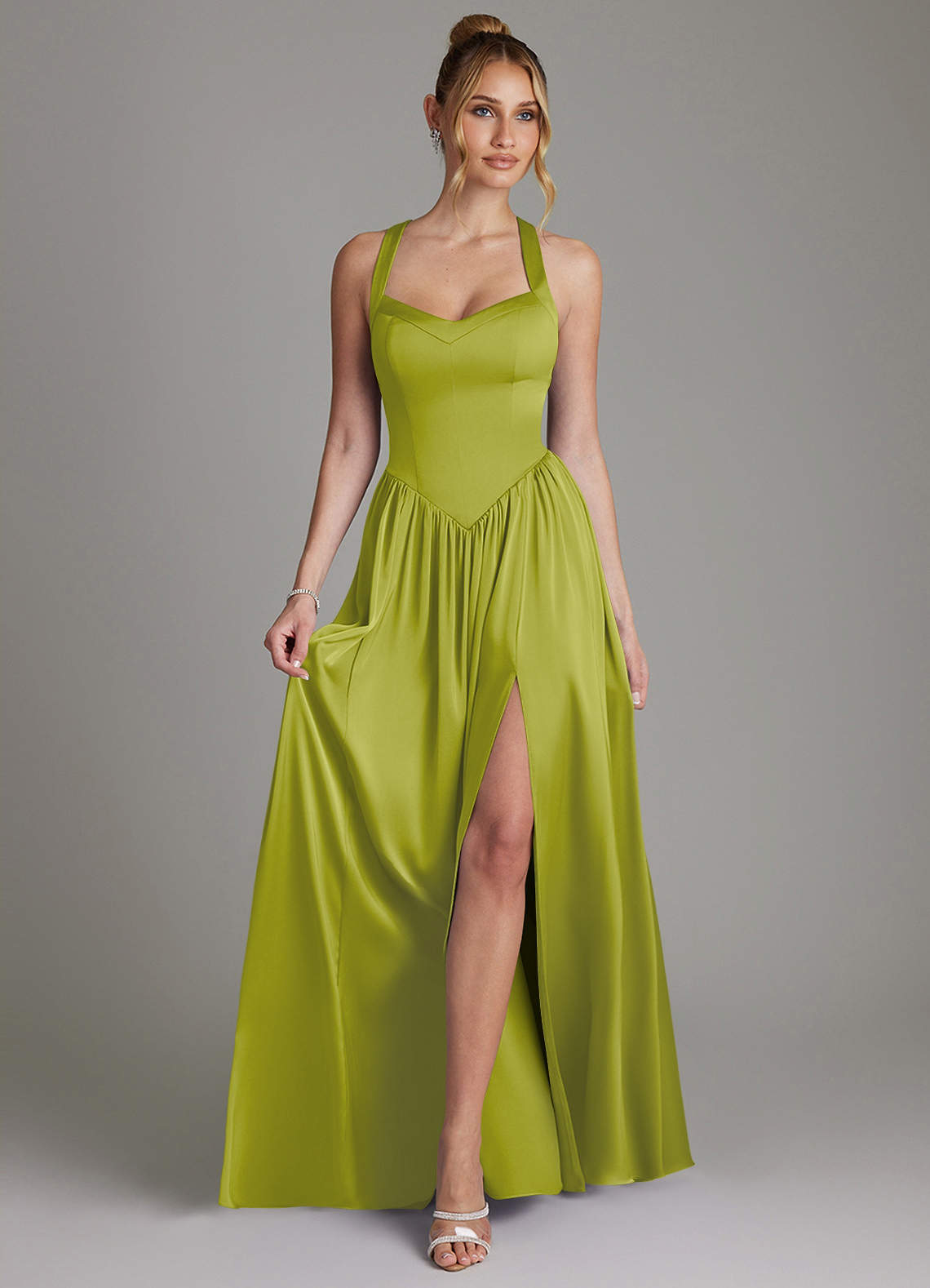 Francis A-Line V-Neck Stretch Satin Bridesmaid Dress in Lemongrass