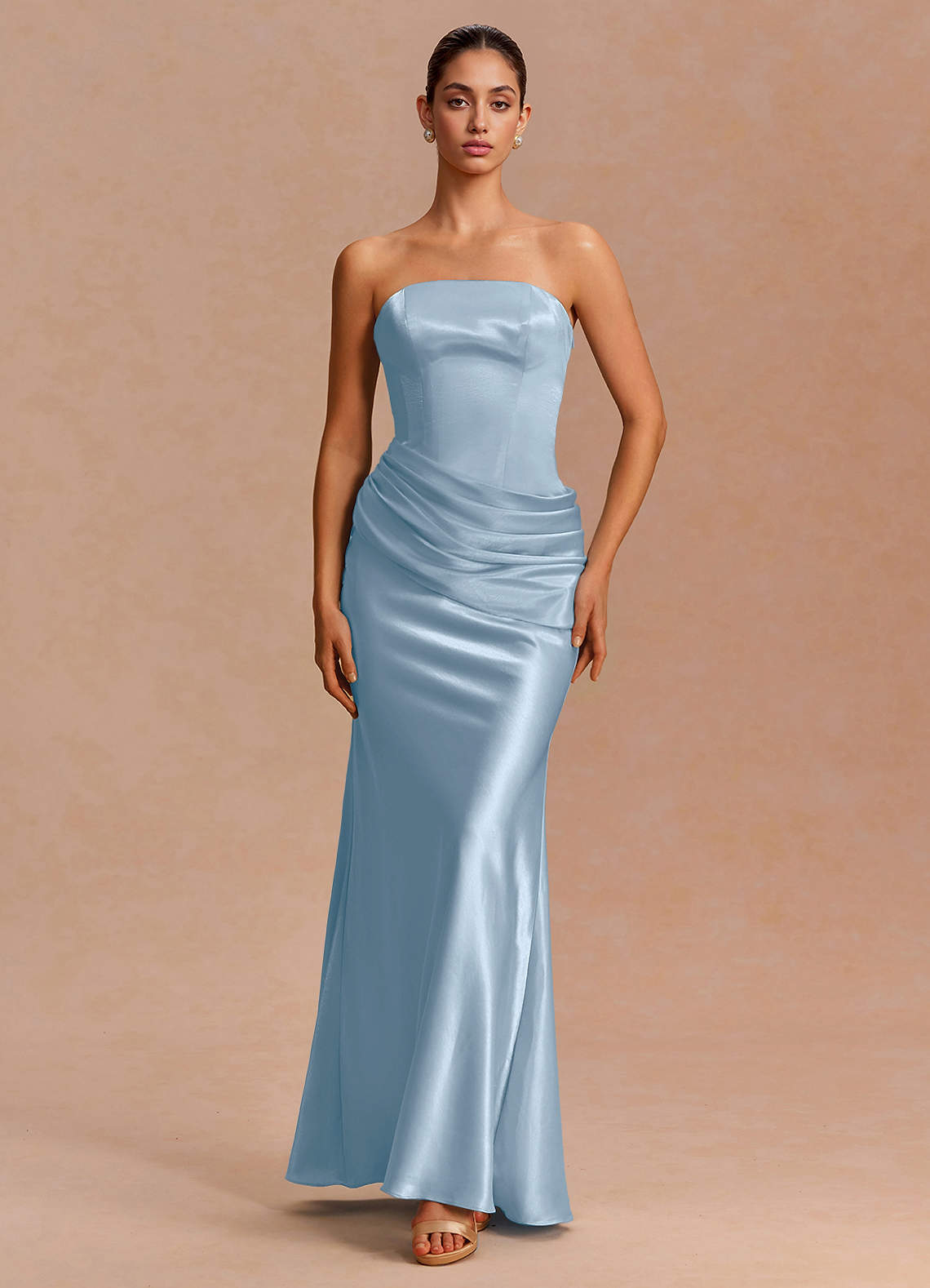 Leonie Strapless Draped-Shoulder Satin Evening Dress in Sky Blue