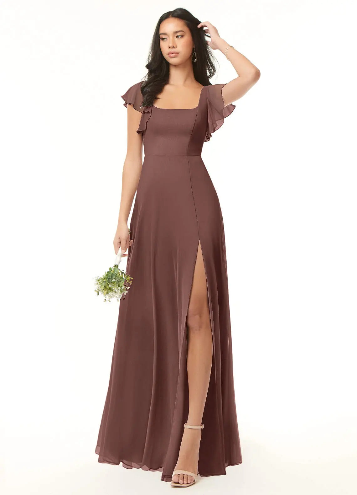 Bondi A-Line Square-Neck Chiffon Bridesmaid Dress in Espresso