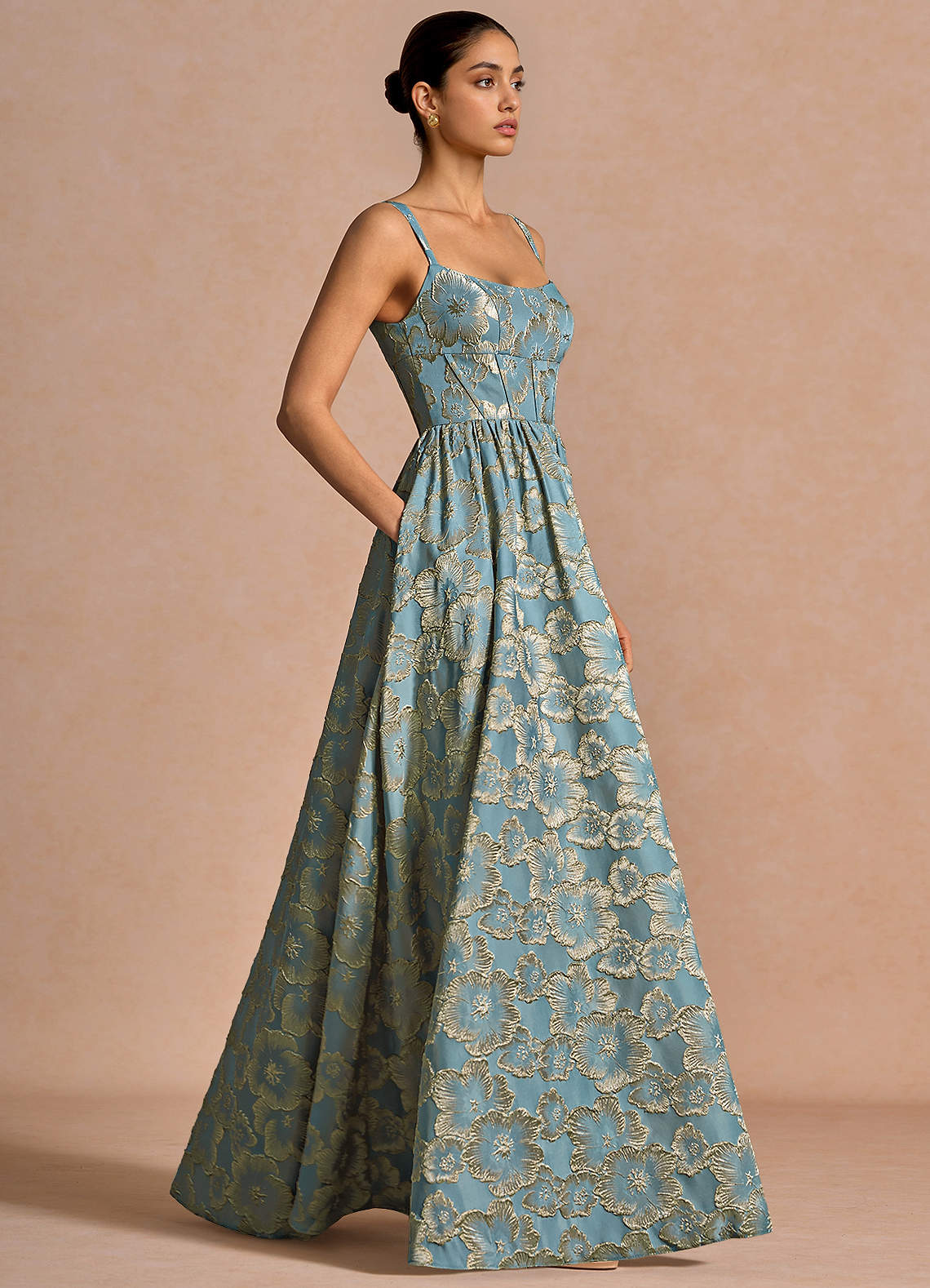 Julietteh A-Line Strappy Jacquard Taffeta Evening Dress in Lake Blue