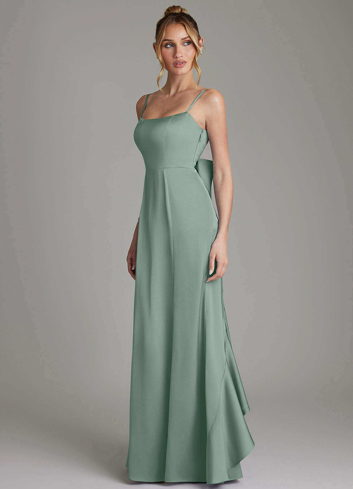 Zherra Mermaid Scoop-Neck Stretch Satin Bridesmaid Dress in Silver Sage