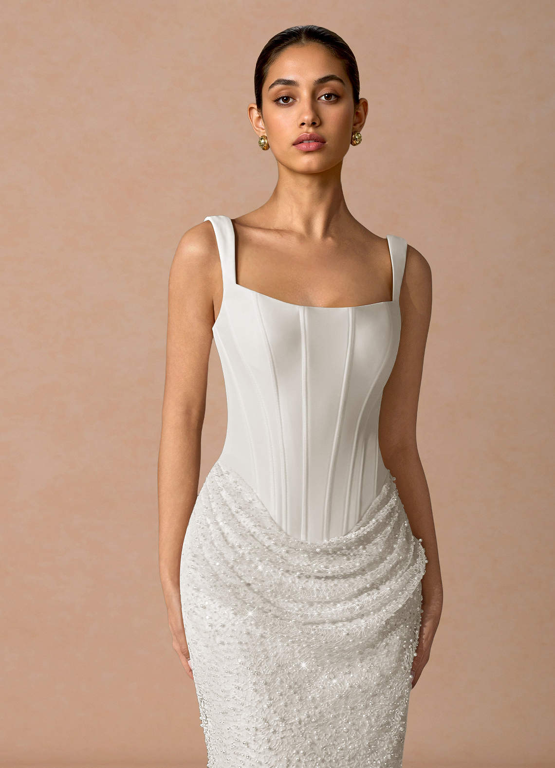 Niamh A-Line Square-Neck Chiffon Tulle Evening Dress in White