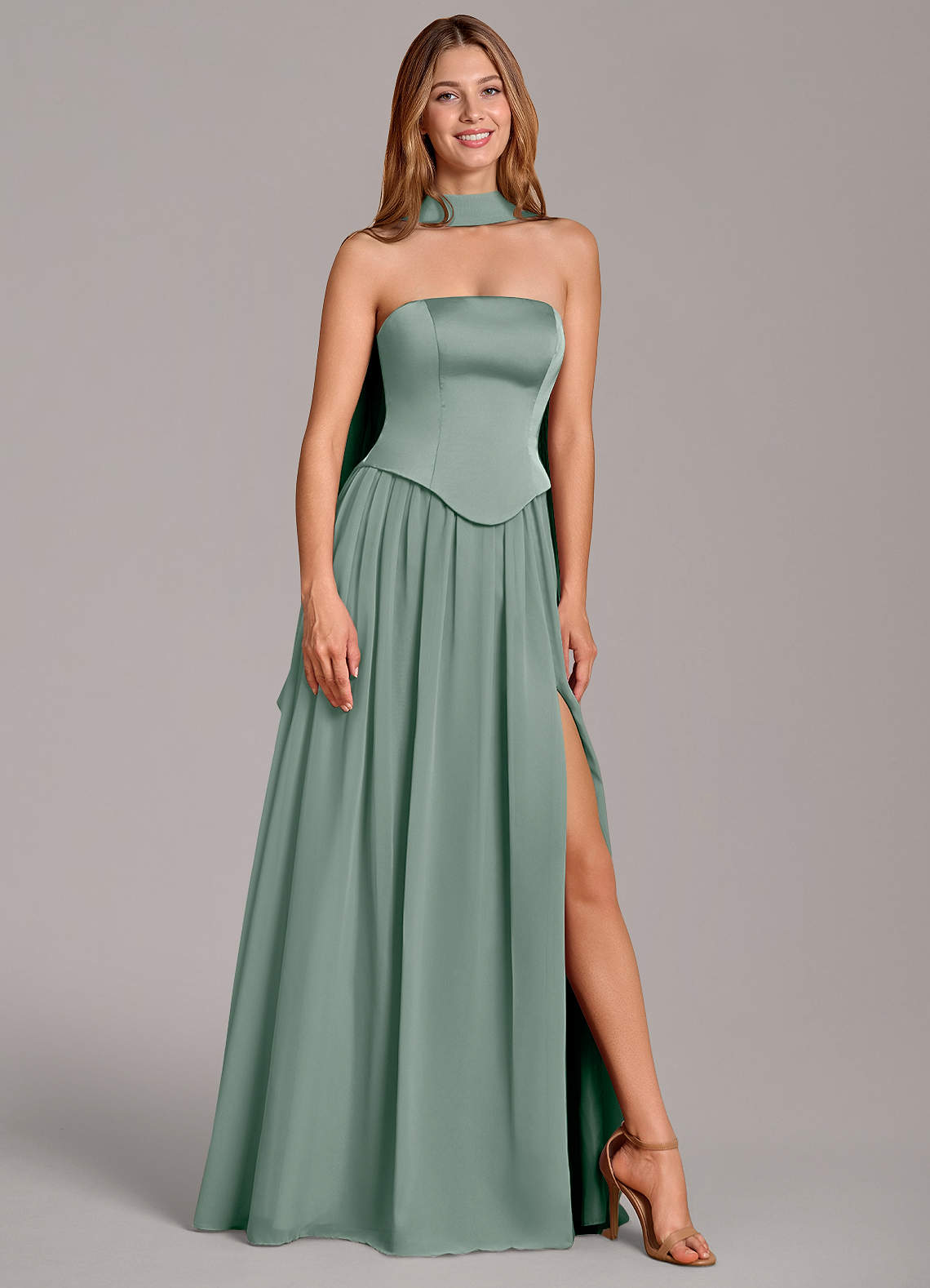 Cadence A-Line Strapless Chiffon and Stretch Satin Bridesmaid Dress in Silver Sage