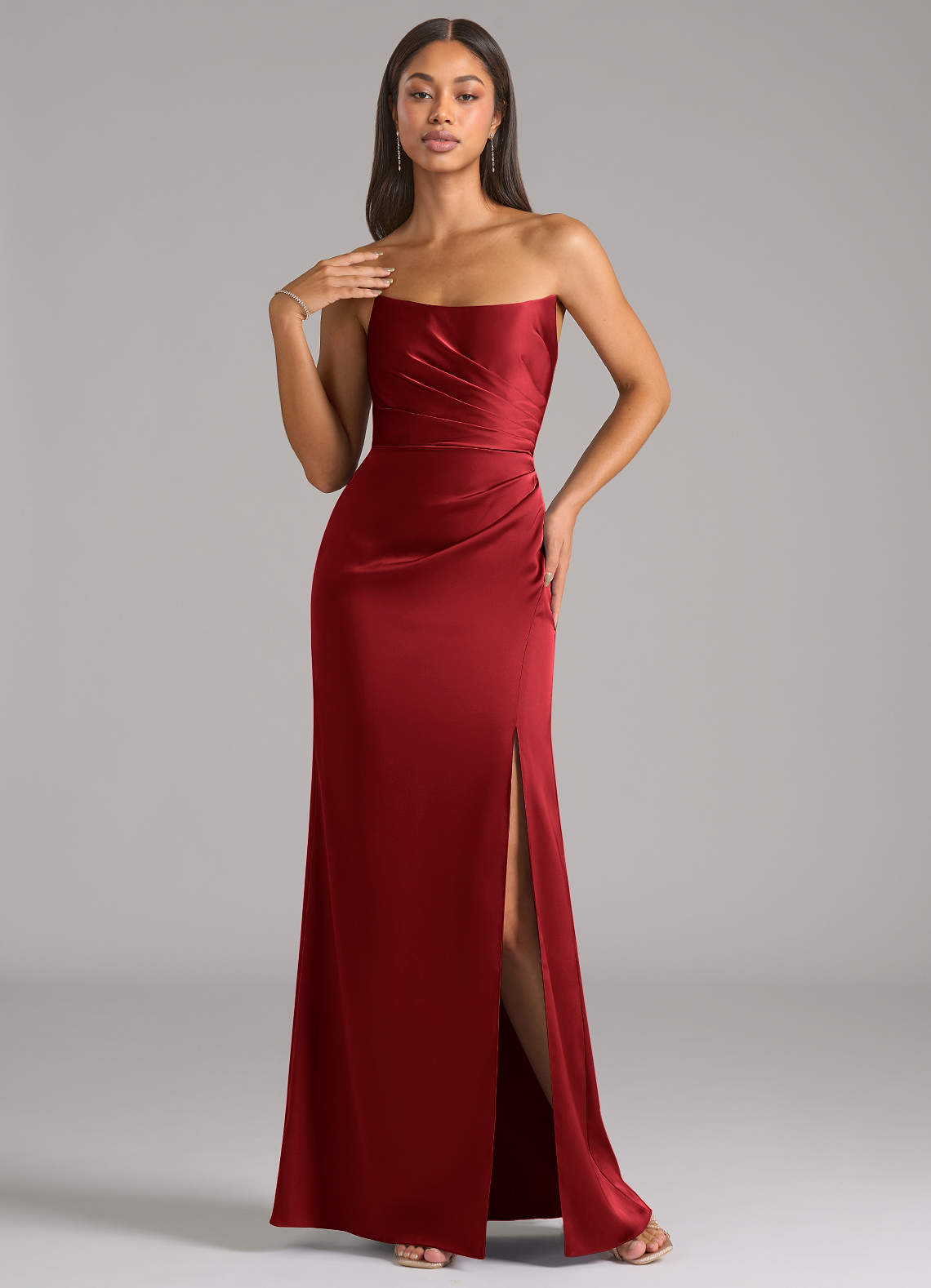 Marla Sheath Strapless Stretch Satin Bridesmaid Dress in Scarlet