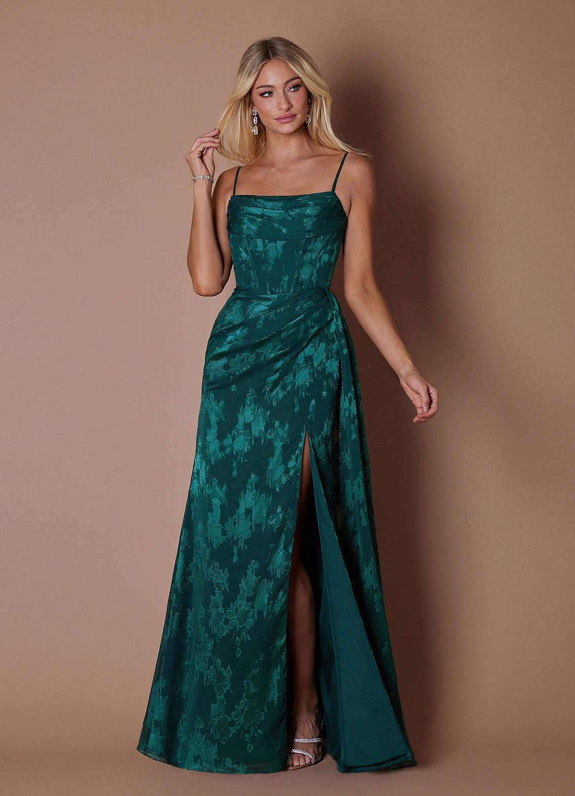 Lea Sheath Straight-Neck Burnout Evening Dress in Dark Emerald
