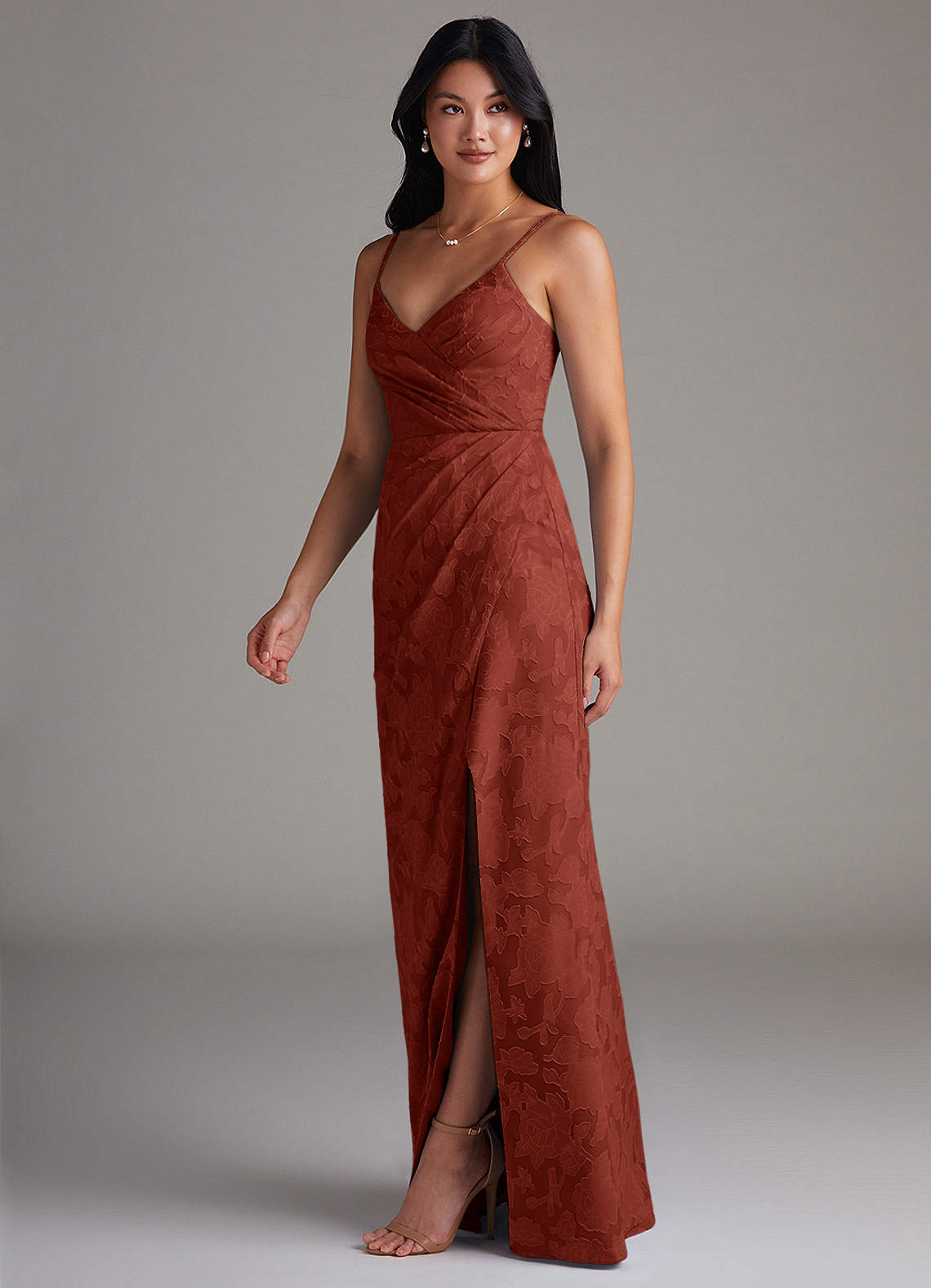 Maci Sheath V-Neck Floral Burnout Bridesmaid Dress in Terracotta