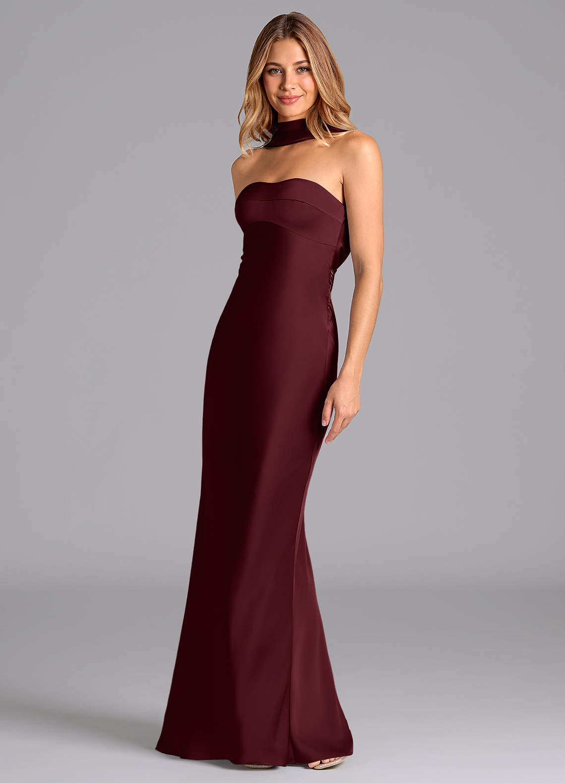 Lusinda Mermaid Strapless Stretch Satin Bridesmaid Dress in Cabernet
