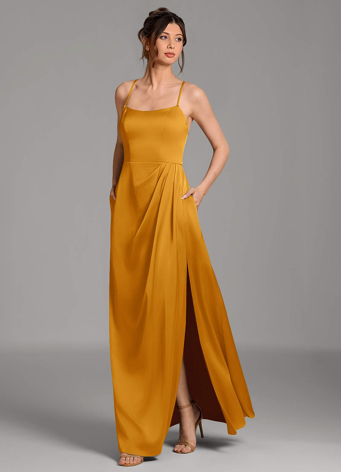 Frankie A-Line Scoop-Neck Stretch Satin Bridesmaid Dress in butterscotch