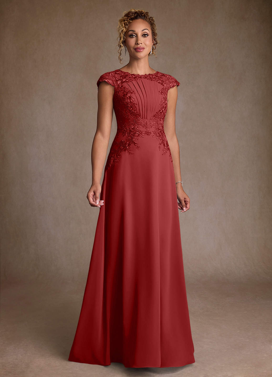 Christi A-Line Scoop-Neck Chiffon and Lace Mother of the Bride Dress in Rust