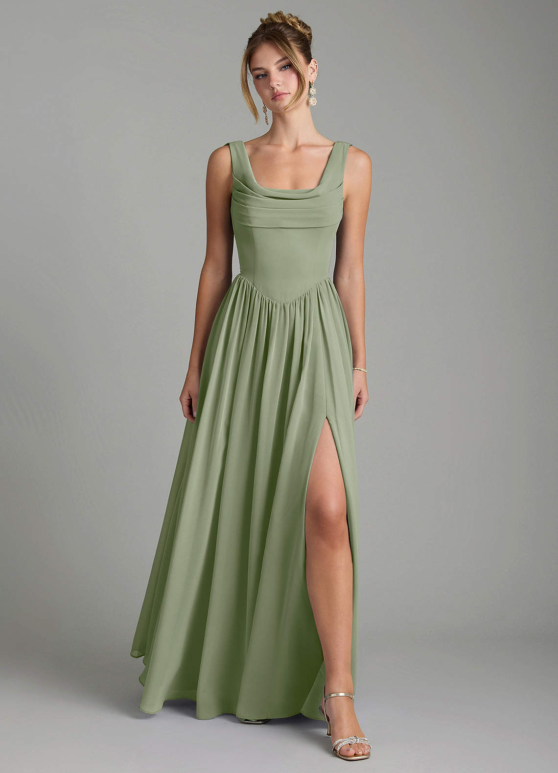 Novi A-Line Square-Neck Chiffon Bridesmaid Dress in Pistachio