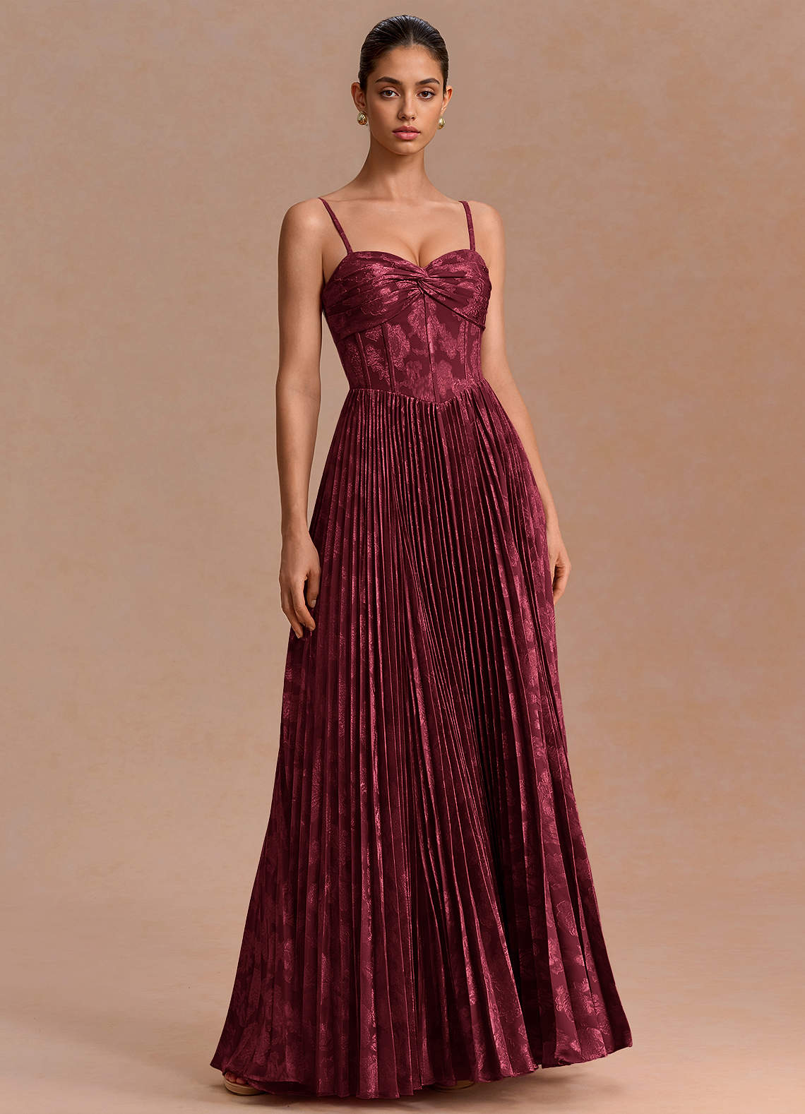 Delfina A-Line Twisted-Bust Fil Coupé Evening Dress in Wine