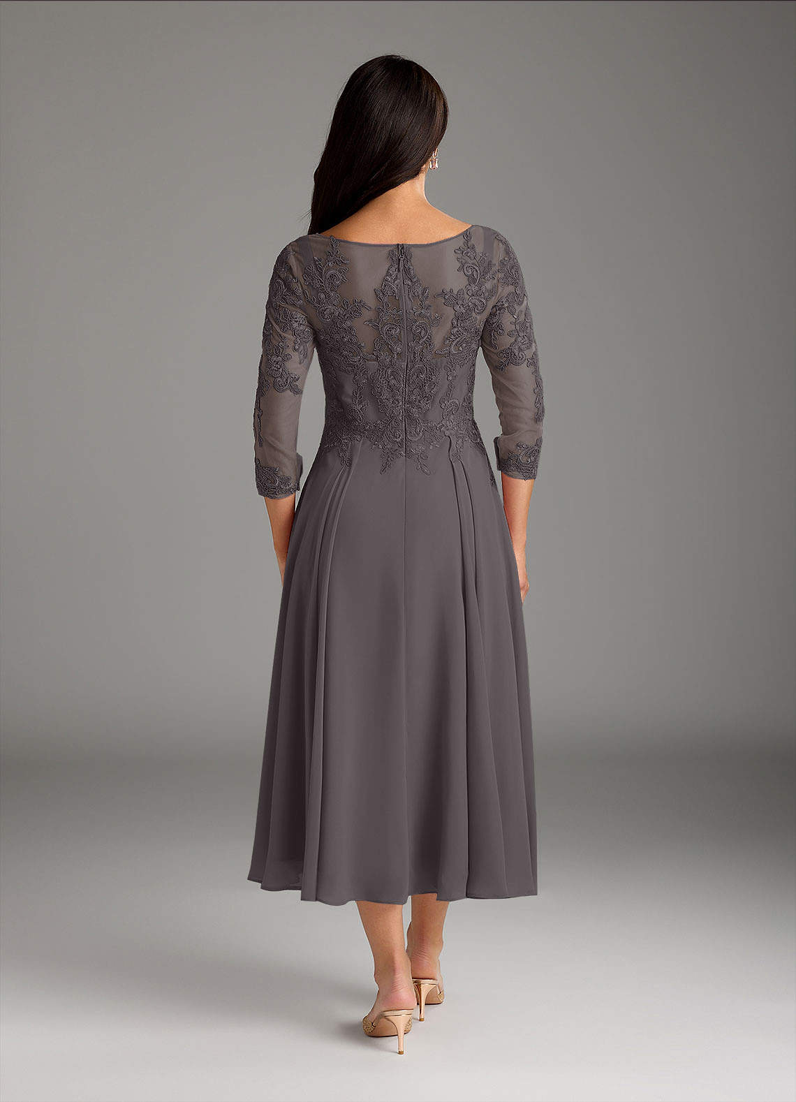 Marge A-Line Scoop-Neck Chiffon and Lace Mother of the Bride Dress in Steel Grey