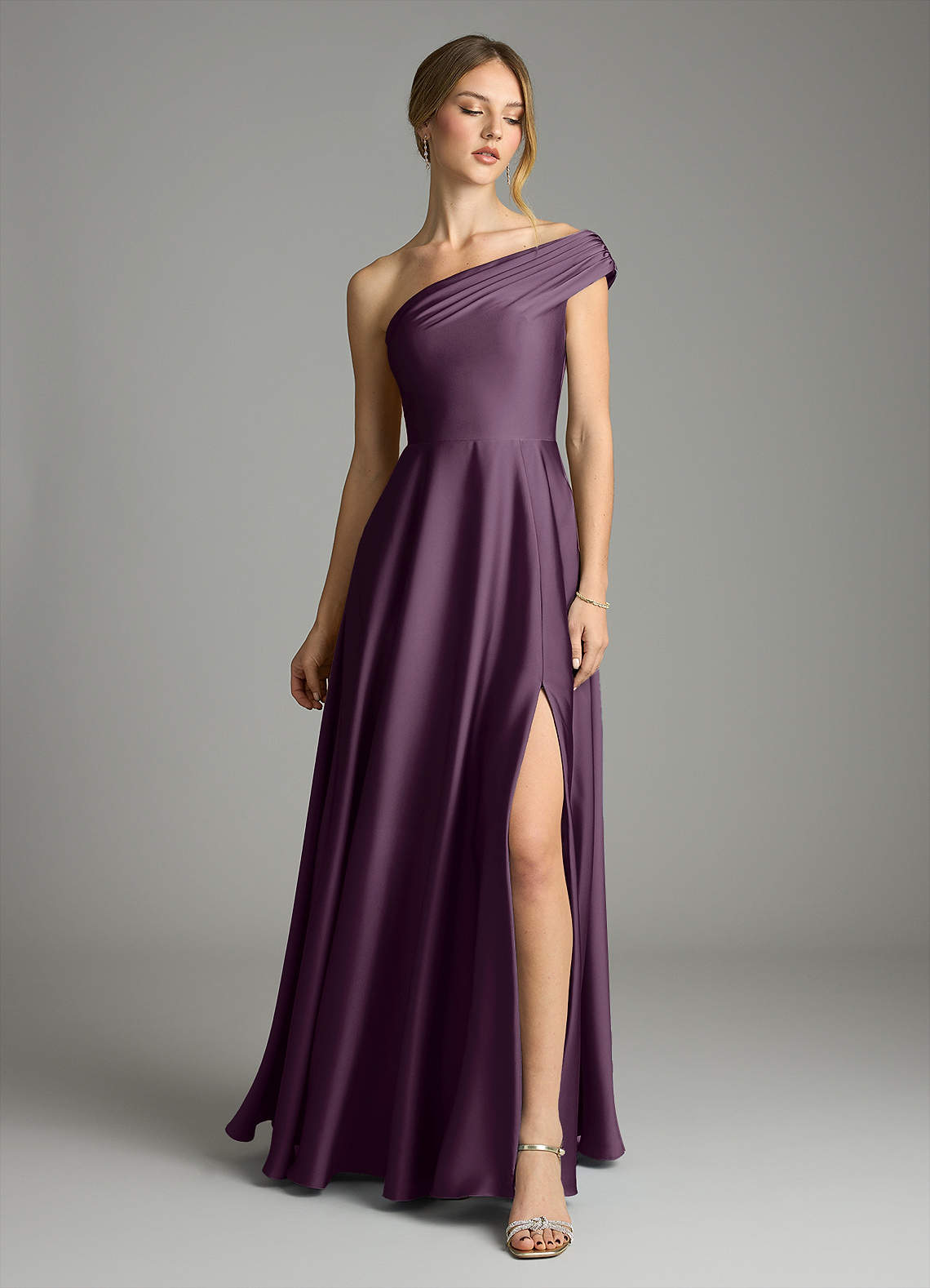 Melanie A-Line One-Shoulder Stretch Satin Bridesmaid Dress in Plum