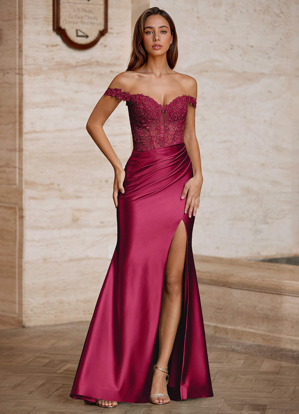 Wrentino Mermaid Off-the-Shoulder Stretch Satin Evening Dress in Wine