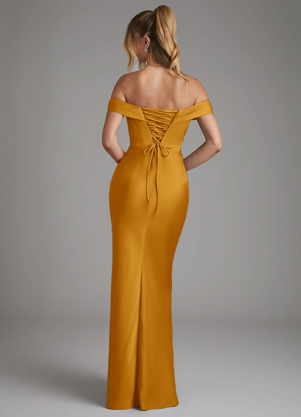 Hayden Mermaid Off-the-Shoulder Stretch Satin Bridesmaid Dress in butterscotch