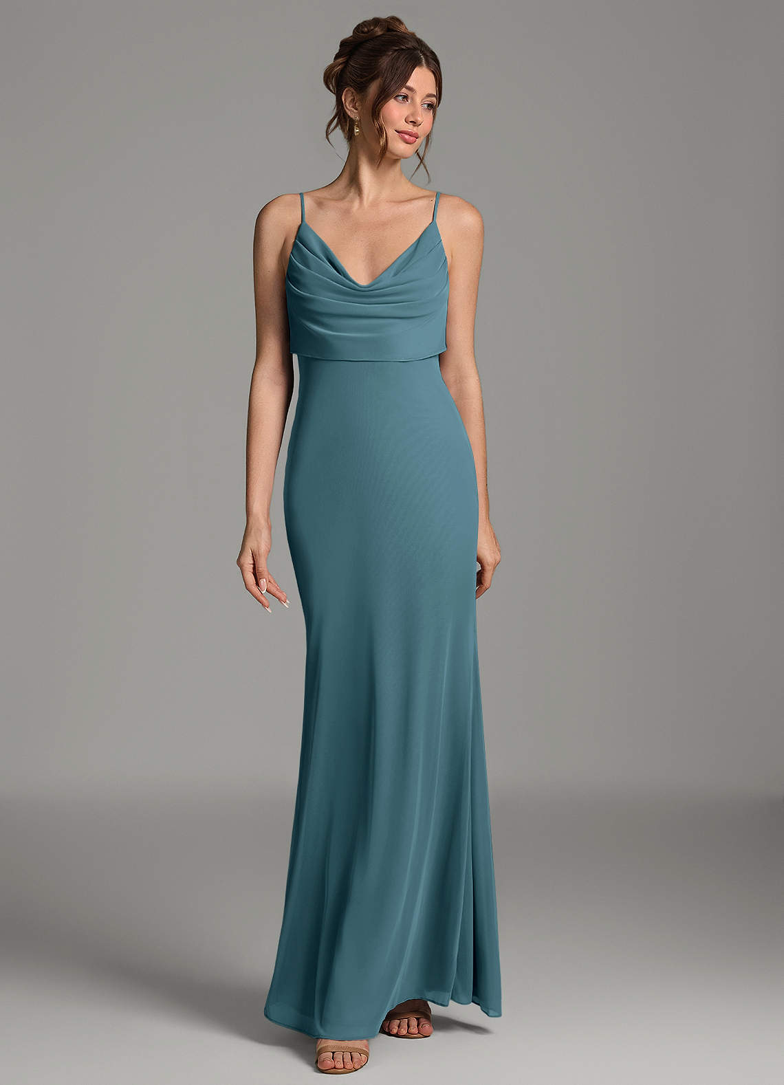 Zari Mermaid Cowl-Neck Mesh Bridesmaid Dress in Bermuda