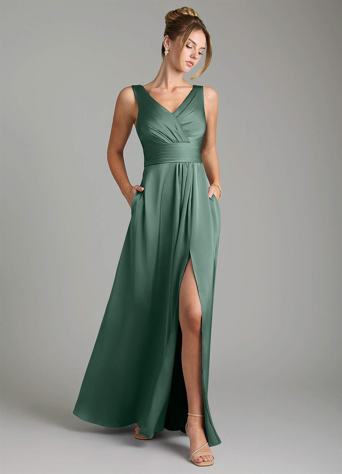 Karina A-Line V-Neck Stretch Satin Bridesmaid Dress in Eucalyptus