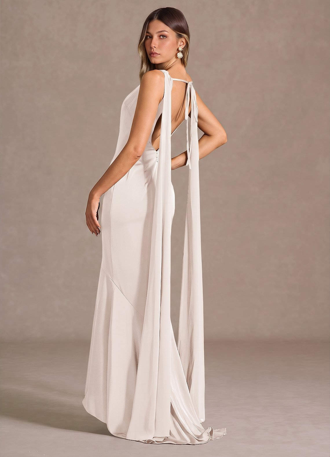 Wynne Mermaid Shoulder-Scarf Stretch Satin Evening Dress in Cream