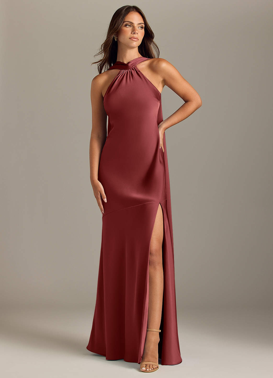 Kinsley Mermaid Halter Stretch Satin Bridesmaid Dress in Terracotta