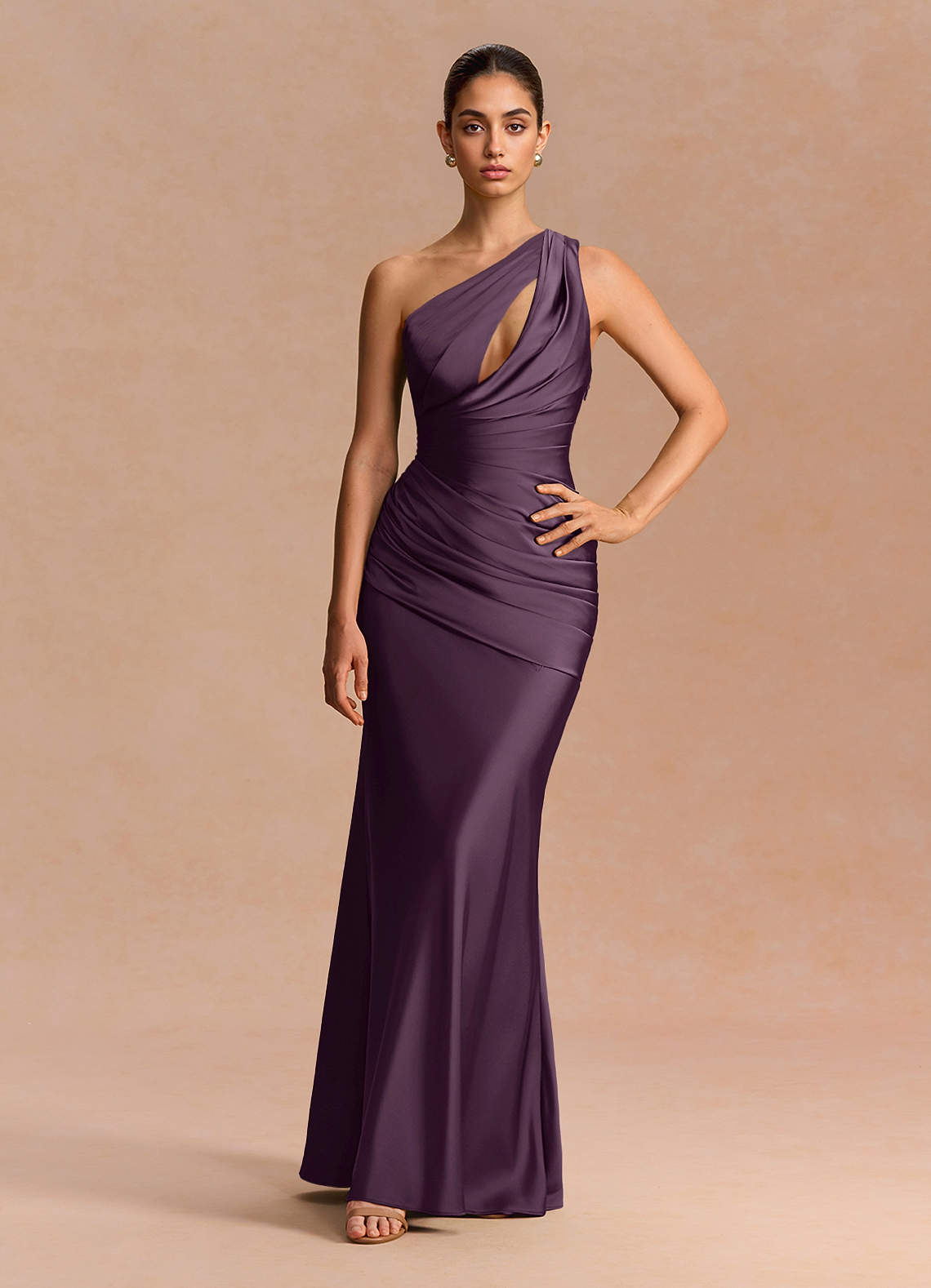 Guinevere One-Shoulder Cutout Stretch Satin Evening Dress in Dark Purple