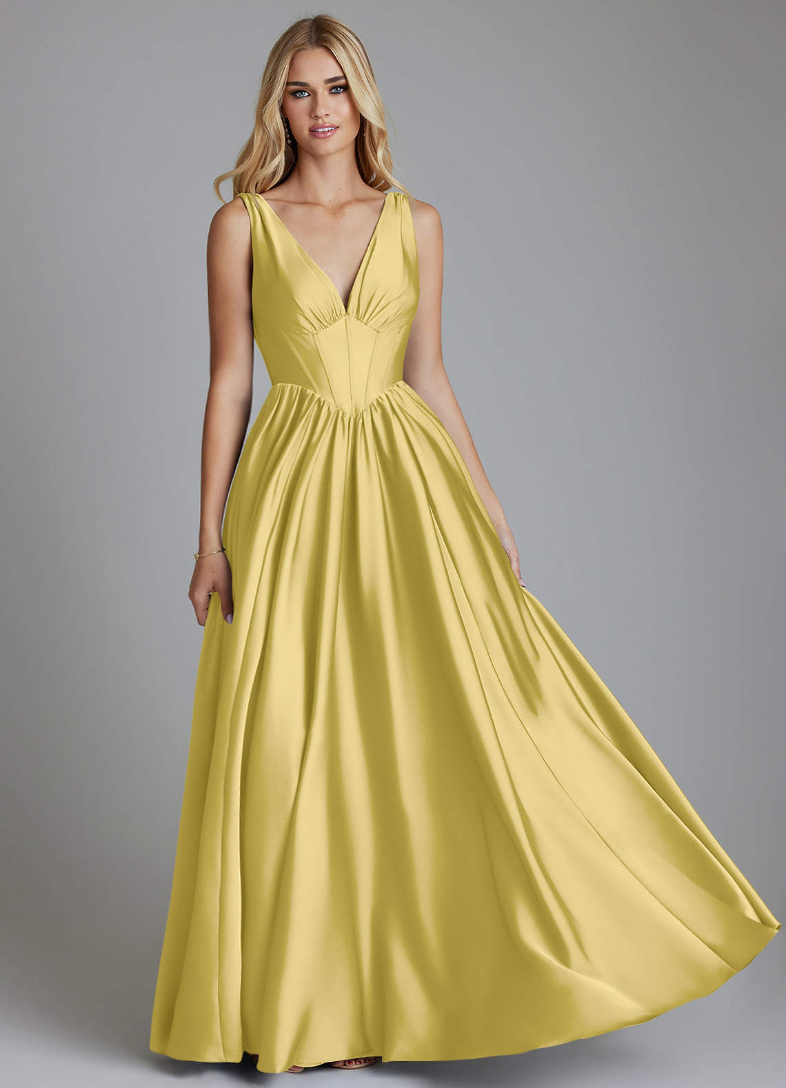 Delmie A-Line V-Neck Stretch Satin Bridesmaid Dress in Canary