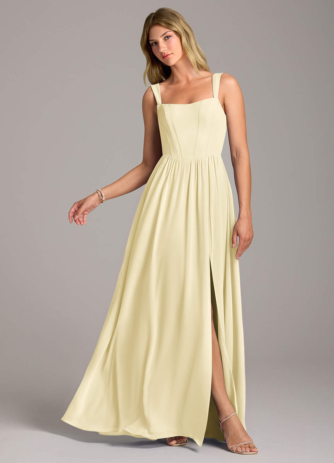 Rosaline A-Line Square-Neck Chiffon Bridesmaid Dress in Lemon Sorbet