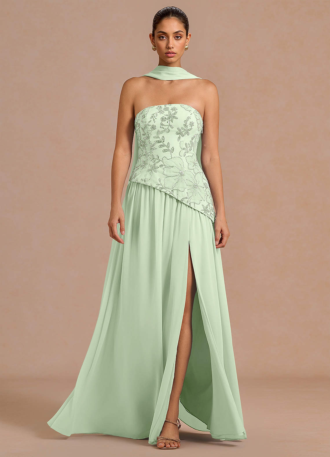 Galatea Sky Blue A-Line Floral Chiffon Evening Dress in White