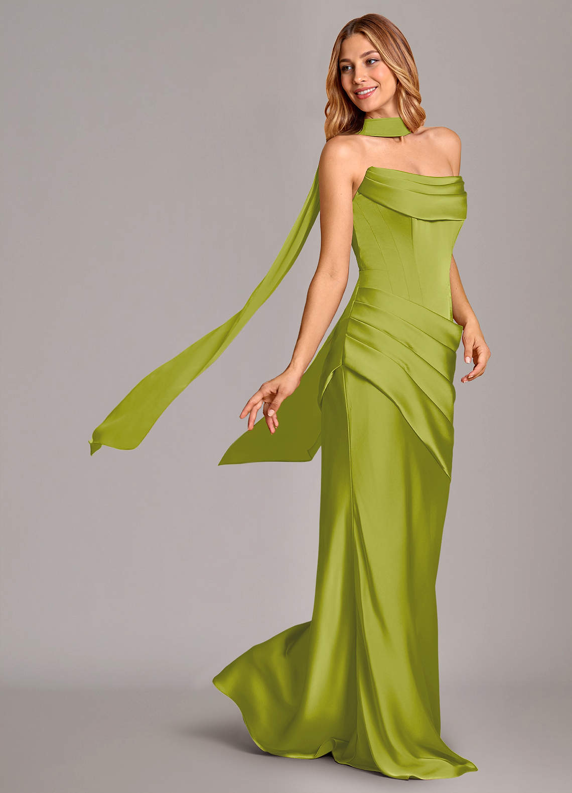 Pelagia Mermaid Cowl-Neck Stretch Satin Bridesmaid Dress in Lemongrass