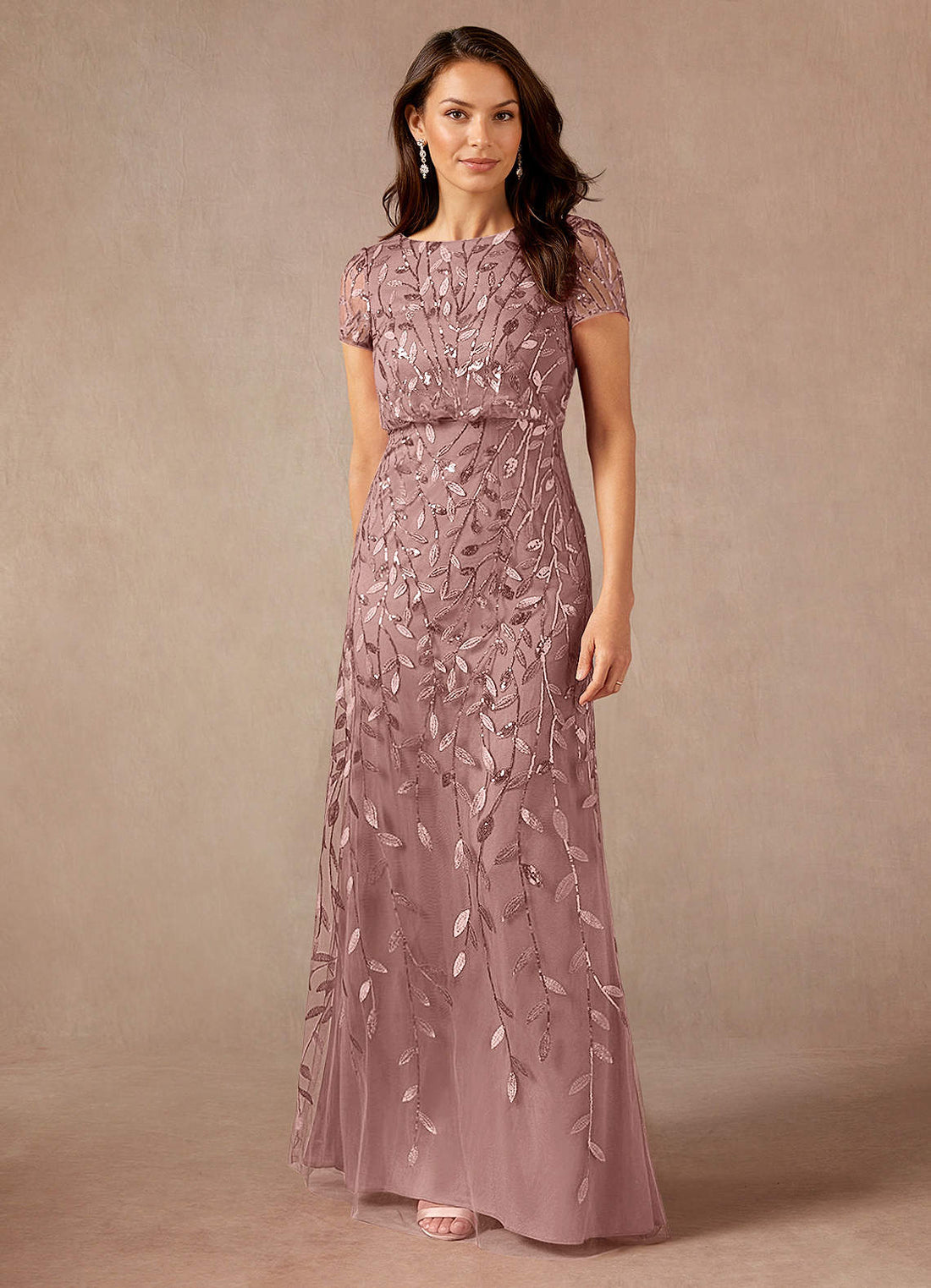 Lehi A-Line Boat-Neck Sequined Tulle Mother of the Bride Dress in Dusty Rose