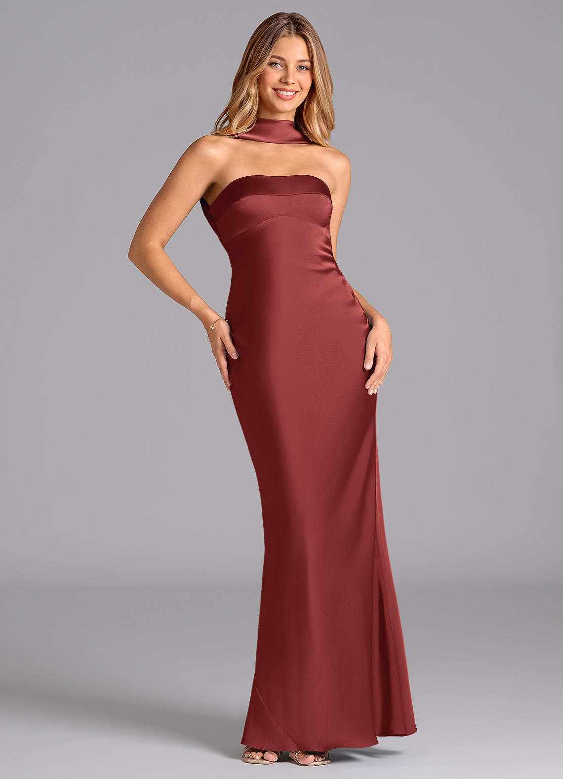 Lusinda Mermaid Strapless Stretch Satin Bridesmaid Dress in Terracotta