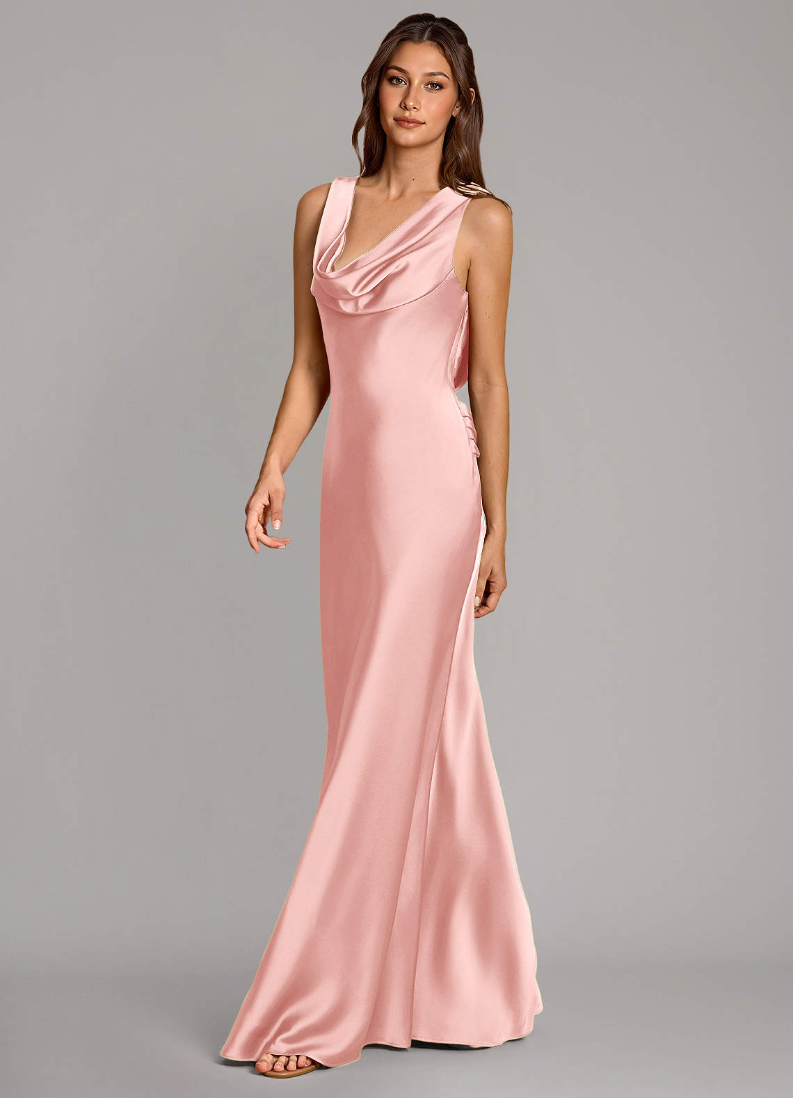 Cheryl Mermaid Cowl-Neck Stretch Satin Bridesmaid Dress in Powder Pink