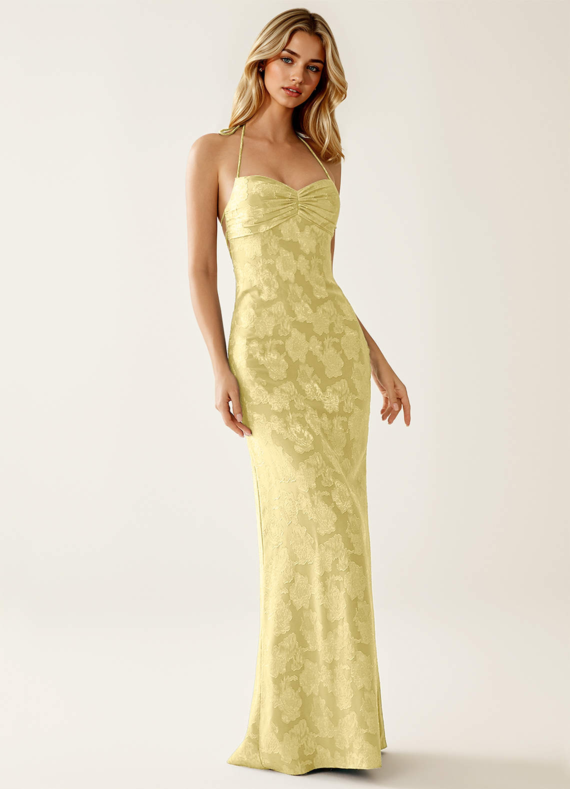 Angena Sheath Halter Floral Burnout Evening Dress in Lemon Sorbet