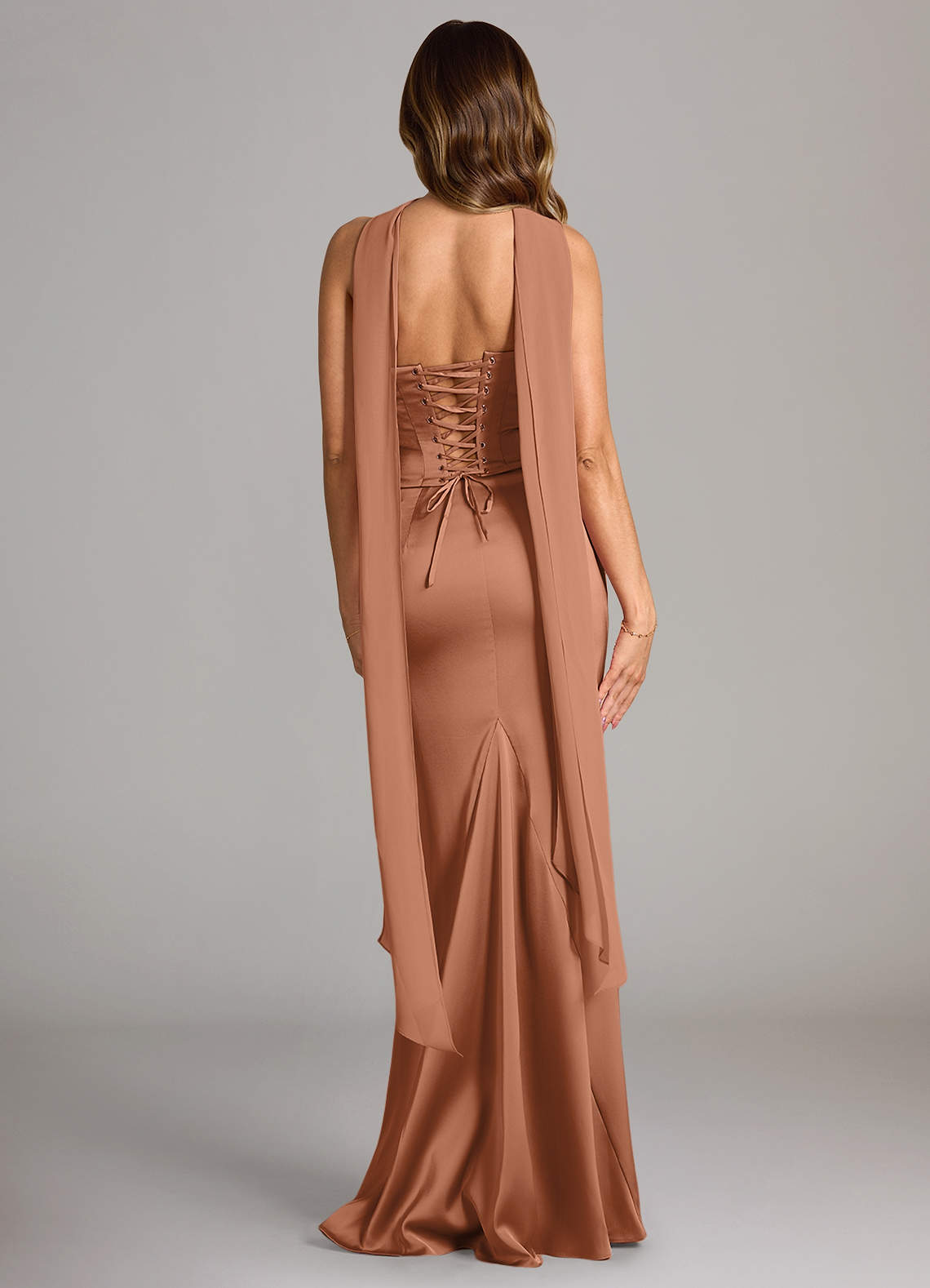 Sorrel Mermaid Cowl-Neck Stretch Satin and Chiffon Bridesmaid Dress in Bronzer