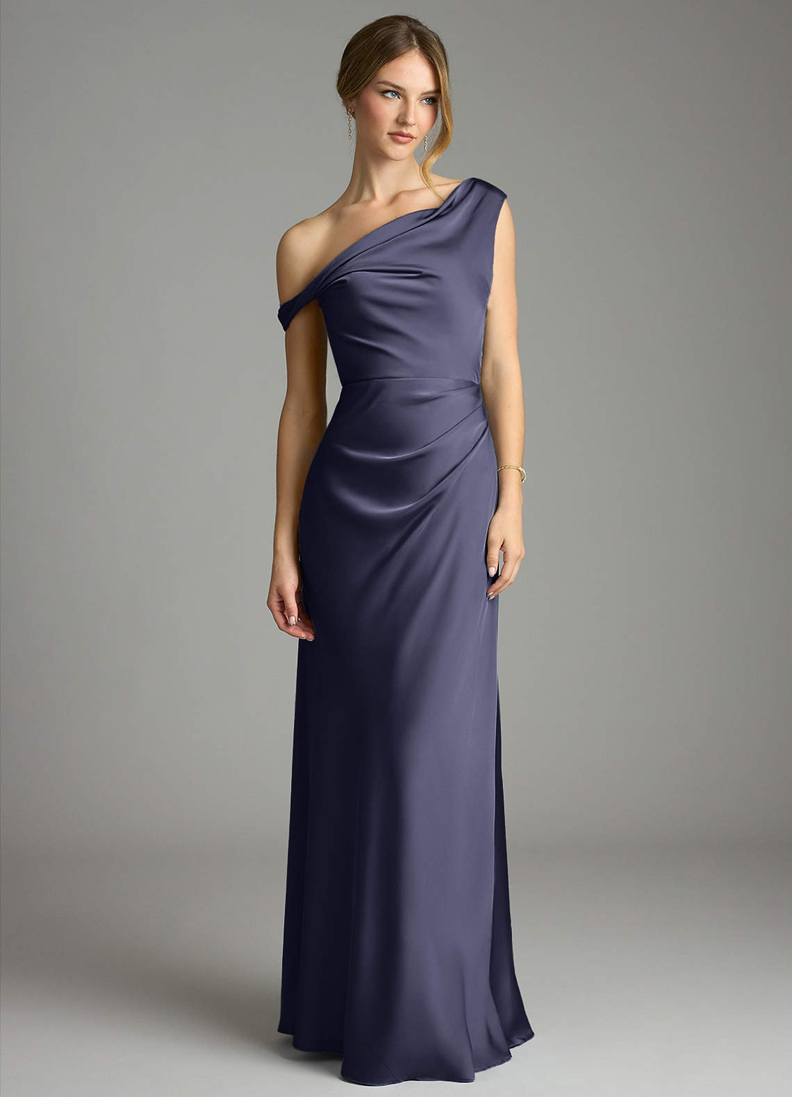 Emerson Mermaid One-Shoulder Stretch Satin Bridesmaid Dress in Stormy