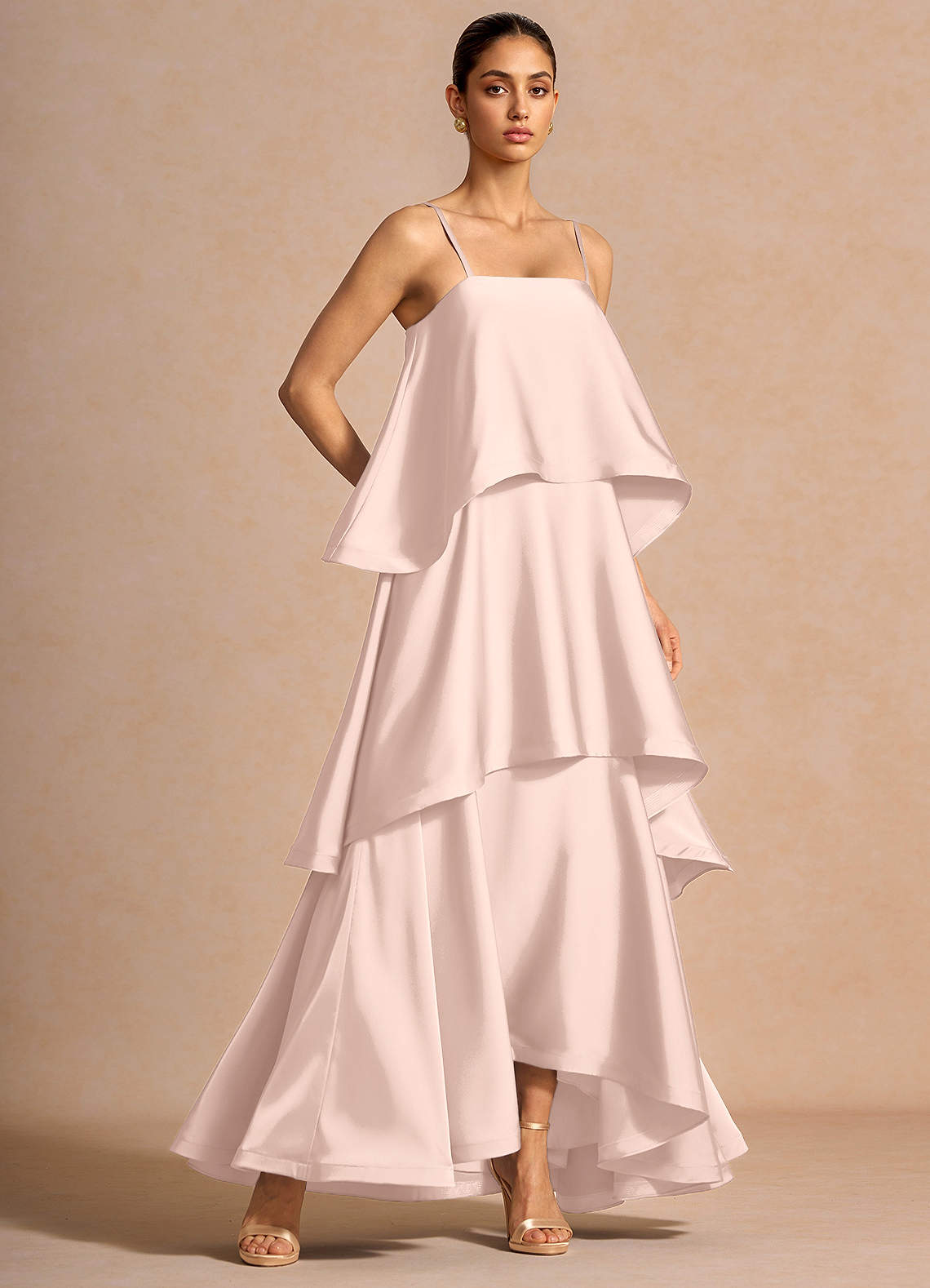 Itasca A-Line Tiered Stretch Satin Wedding Guest Dress in Powder Pink