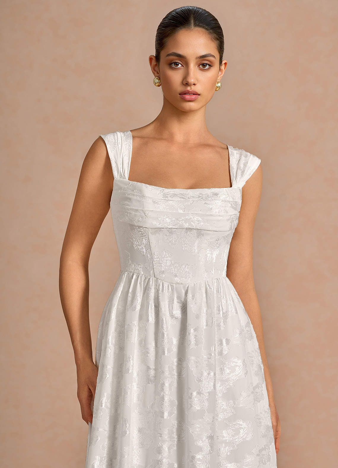 Hazel A-Line Cowl-Neck Fil Coupé Wedding Guest Dress in White