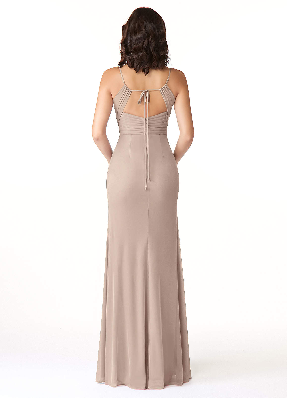 Reneya Mermaid V-Neck Mesh Bridesmaid Dress in Taupe