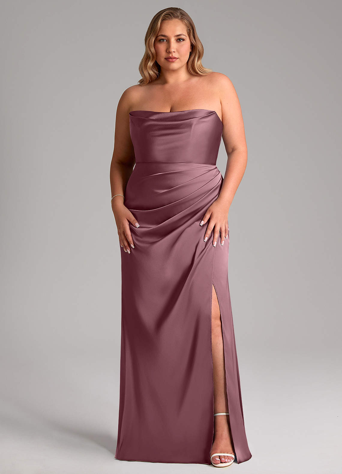 Leonis Mermaid Cowl-Neck Stretch Satin Bridesmaid Dress in Amethyst