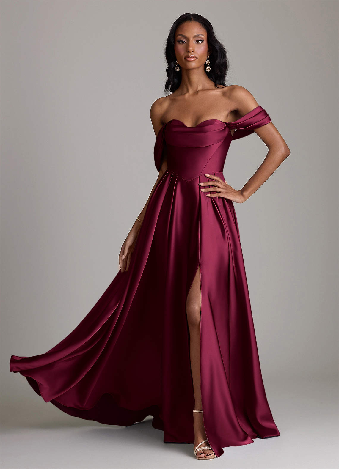 Loisa A-Line Off-the-Shoulder Stretch Satin Bridesmaid Dress in Burgundy