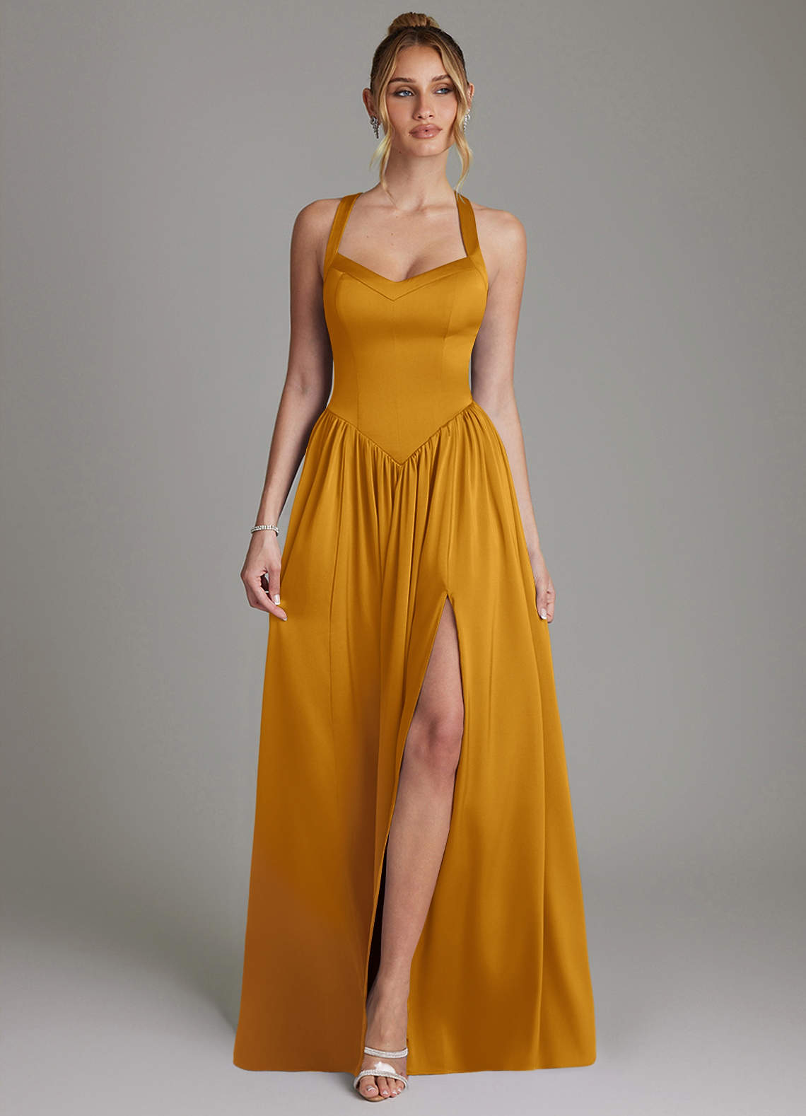 Francis A-Line V-Neck Stretch Satin Bridesmaid Dress in butterscotch