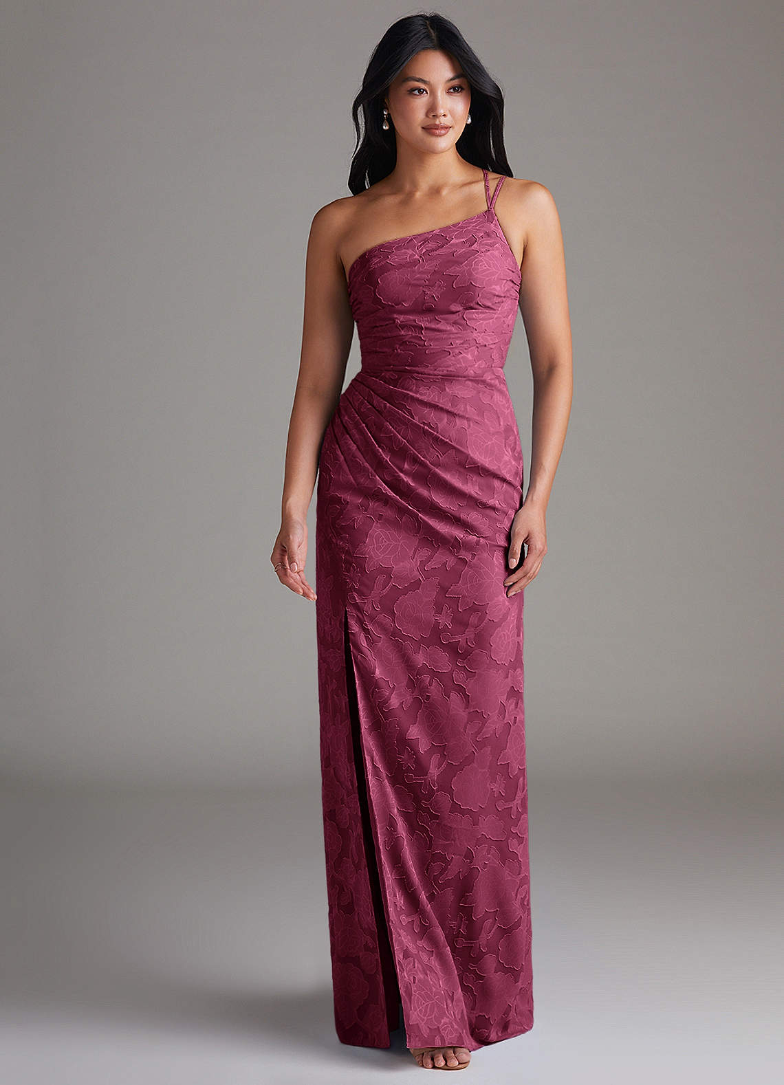 Eren Sheath One-Shoulder Floral Burnout Bridesmaid Dress in Mulberry