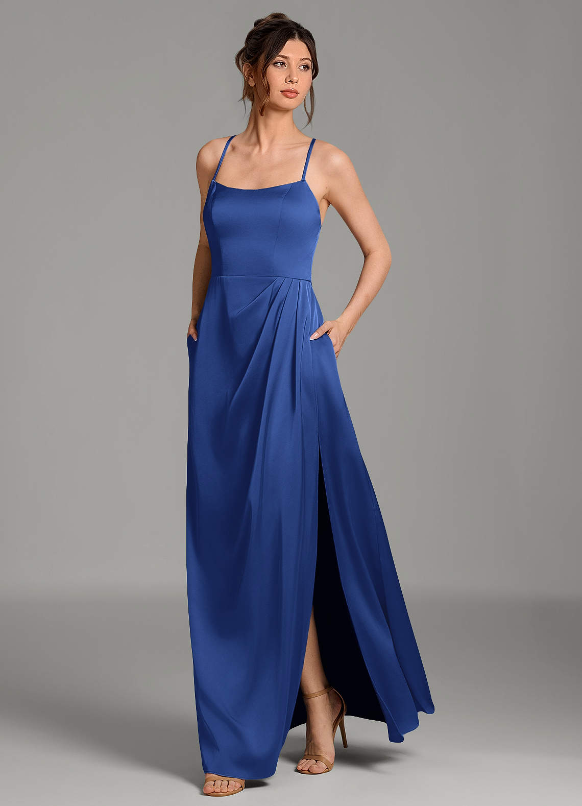 Frankie A-Line Scoop-Neck Stretch Satin Bridesmaid Dress in Royal Blue