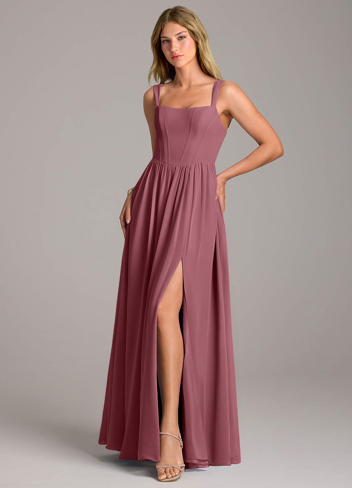 Rosaline A-Line Square-Neck Chiffon Bridesmaid Dress in Desert Rose